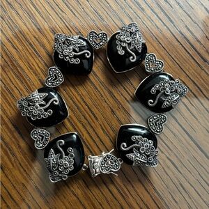 Black Onyx Hearts w/Marcasite Stones, Sterling Silver Bracelet